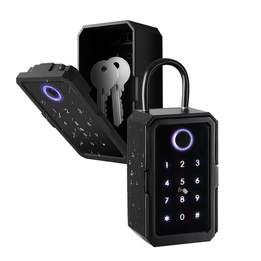 Waterproof Smart key lock box 4-in-1 Key Lock Box with APP Control, Fingerprint Recognize & Multiple Code Types, Outside Wall Mounted & Door Hanging, Key Lockbox for House Key