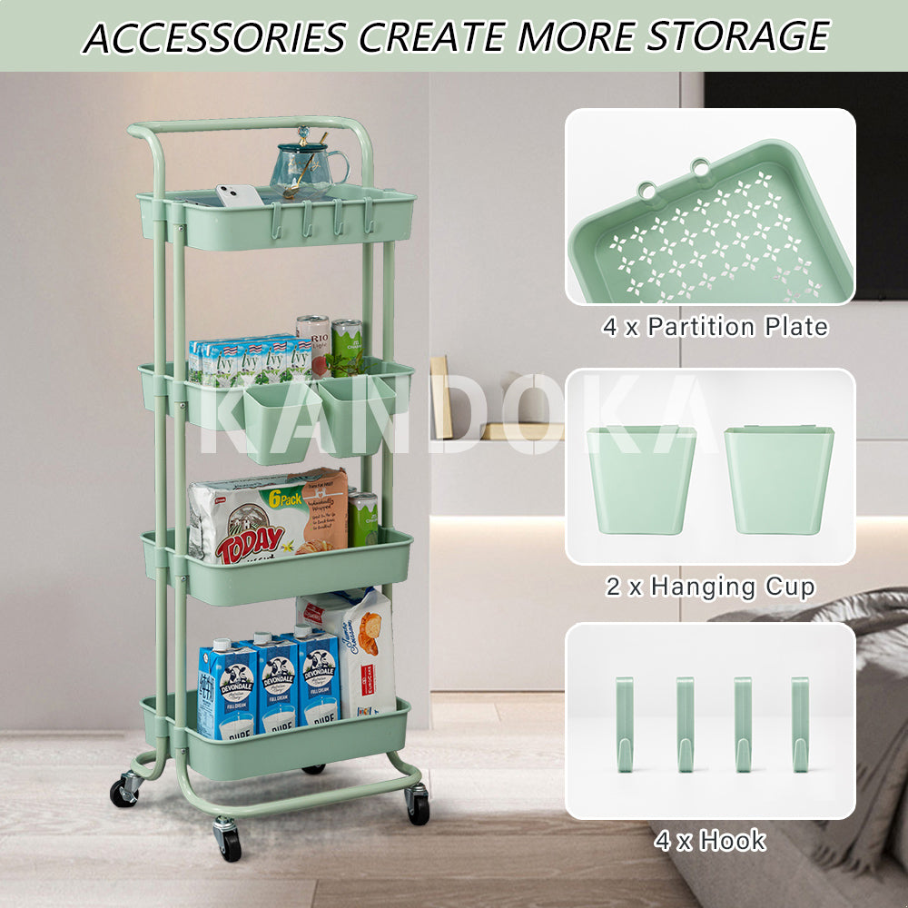 2/3/4 Tier Rolling Cart Organizer-Kitchen Utility Carts With Wheels 2Cups 4Hooks