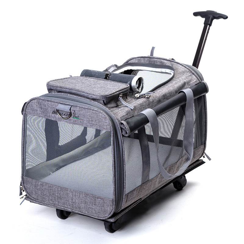 Grey / Pink Pet carrier bag with drawbar - Dogs carrier on wheels -Travel big cats trolley case