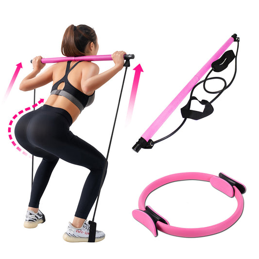 Exercise Resistance Rope & Yoga Pilates Bar Portable Pilates Stick Muscle Toning Bar with Foot Loop Home Gym Fitness Equipment for Total Body Workout