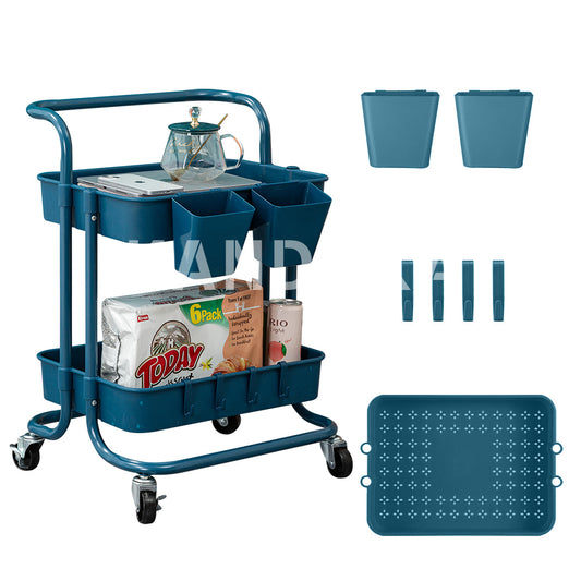 2 Tier Rolling Cart Organizer-Kitchen Utility Carts With Wheels-Kitchen Storage Cart On Wheels-Spice Rack Organizer With Handle & Hooks & Cups-Multifunctional Trolley Pantry Organizer Shelf-Office