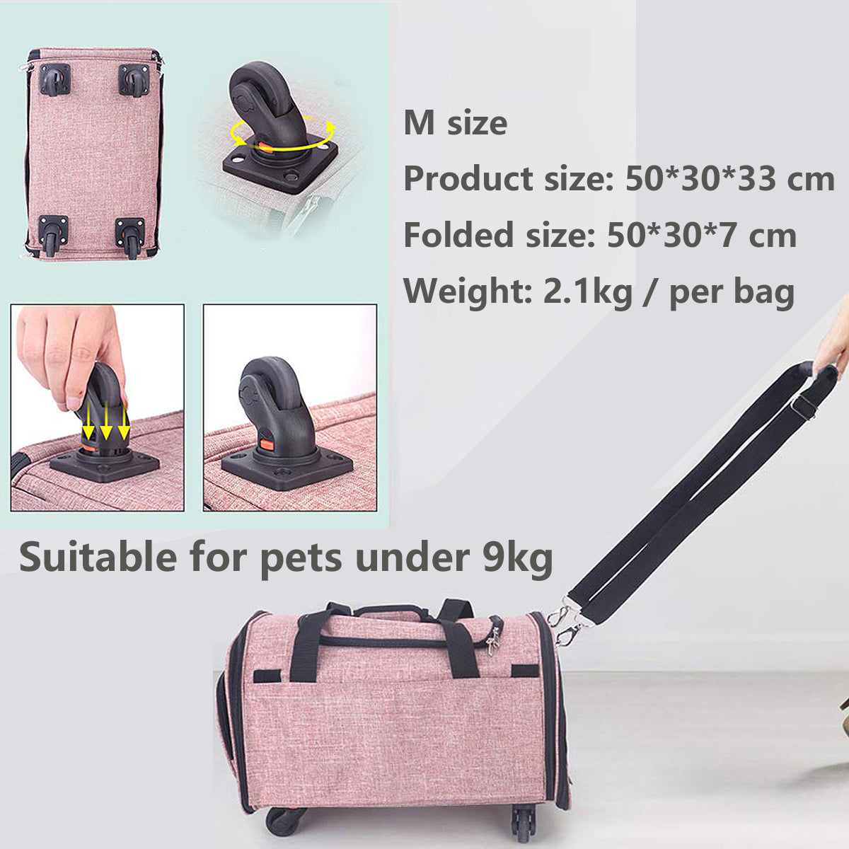 (PINK-M Size)Small dog cage trolley case-Foldable small pet carrier bags-Dog carriers for small dogs-Dog travel bag detachable rollers travel crate car carrier - Cat carriers for large cats under 9 kg