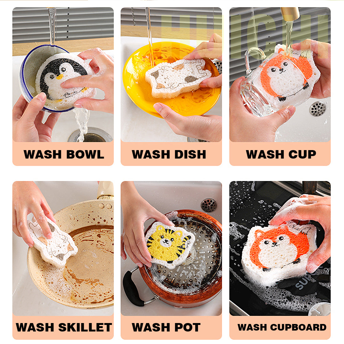 4PCS Cartoon Dishwashing Sponge Compressed Kitchen Cleaning Supplies Wood Pulp