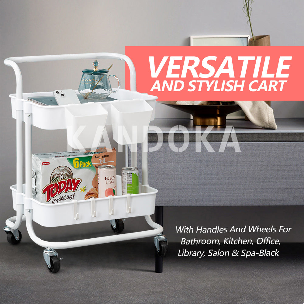 2 Tier Rolling Cart Organizer-Kitchen Utility Carts With Wheels-Kitchen Storage Cart On Wheels-Spice Rack Organizer With Handle & Hooks & Cups-Multifunctional Trolley Pantry Organizer Shelf-Office