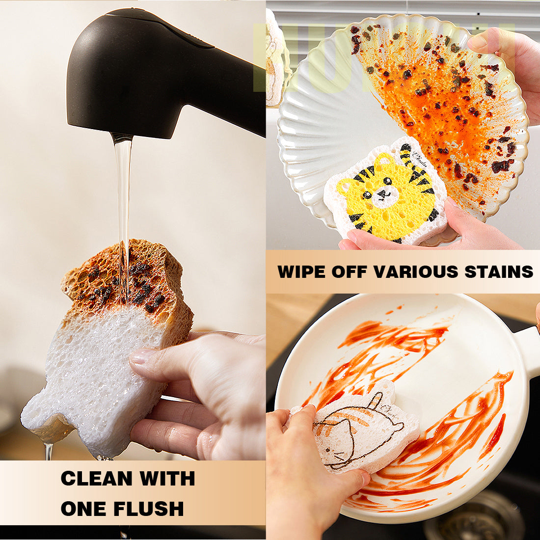 4PCS Cartoon Dishwashing Sponge Compressed Kitchen Cleaning Supplies Wood Pulp