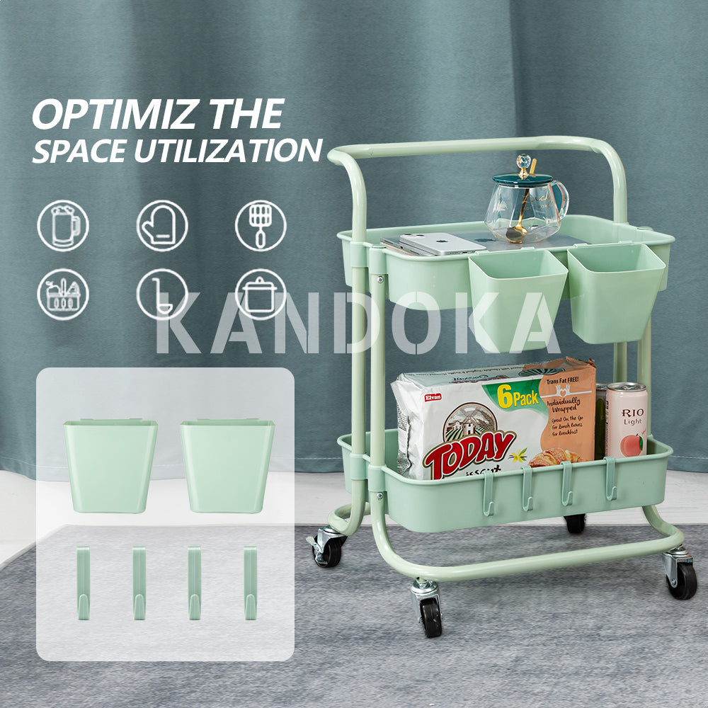 2 Tier Rolling Cart Organizer-Kitchen Utility Carts With Wheels-Kitchen Storage Cart On Wheels-Spice Rack Organizer With Handle & Hooks & Cups-Multifunctional Trolley Pantry Organizer Shelf-Office