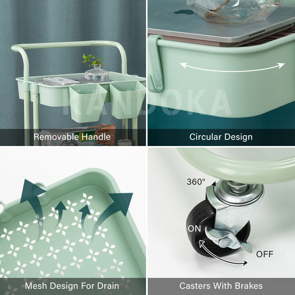 3 Tier Rolling Cart Organizer Kitchen Utility Cart with Wheels Kitchen Storage Cart On Wheels Spice Rack Organizer with Handle & Hooks & Cups Trolley Pantry Organizer Shelf Bathroom Accessories