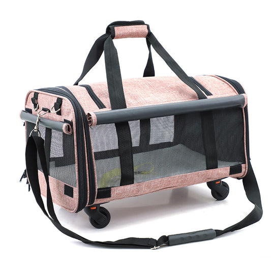 (PINK-M Size)Small dog cage trolley case-Foldable small pet carrier bags-Dog carriers for small dogs-Dog travel bag detachable rollers travel crate car carrier - Cat carriers for large cats under 9 kg