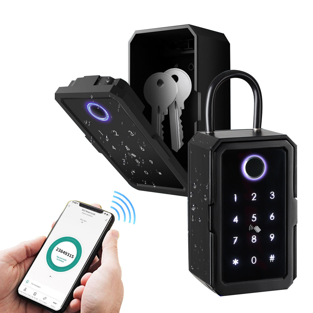 Waterproof Smart key lock box 4-in-1 Key Lock Box with APP Control, Fingerprint Recognize & Multiple Code Types, Outside Wall Mounted & Door Hanging, Key Lockbox for House Key