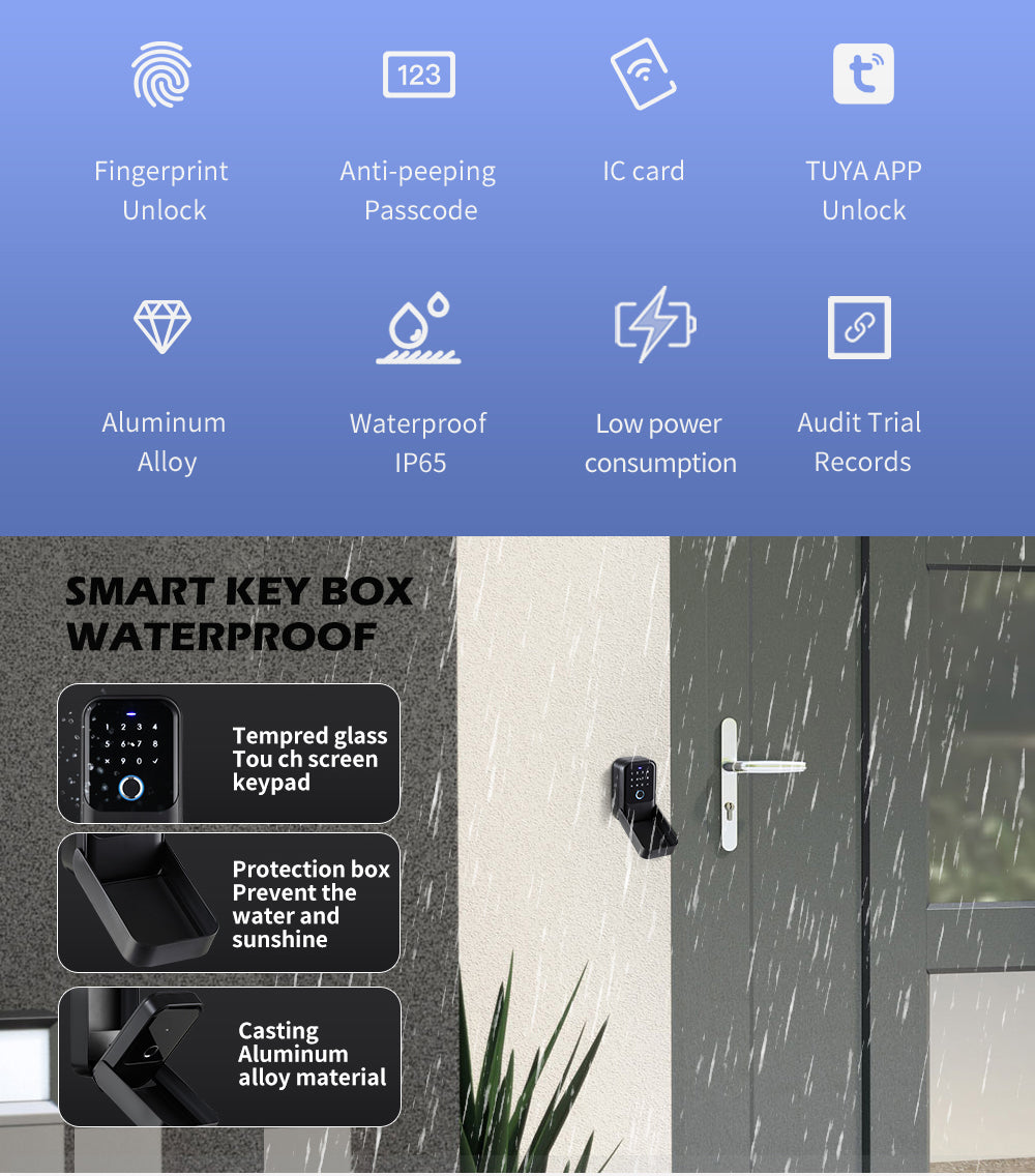 Waterproof Smart key lock box 5-in-1 Key Lock Box with APP Control, Fingerprint Recognize & Multiple Code Types, Outside Wall Mounted & Door Hanging, Key Lockbox for House Key