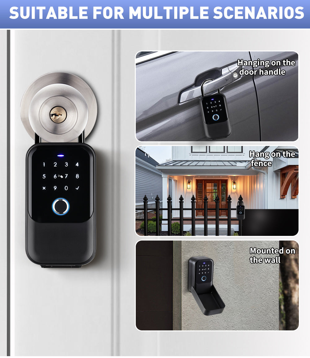 Waterproof Smart key lock box 5-in-1 Key Lock Box with APP Control, Fingerprint Recognize & Multiple Code Types, Outside Wall Mounted & Door Hanging, Key Lockbox for House Key