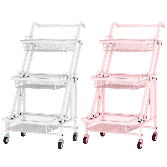 3 Tier Trolley Cart Foldable Home Storage Rack with Brake Wheels|Removable Spice Rack Kitchen Organizer with Handle Pantry Organizer Mesh Shelf. Kids' Room Coffee Bar Bedroom Accessories