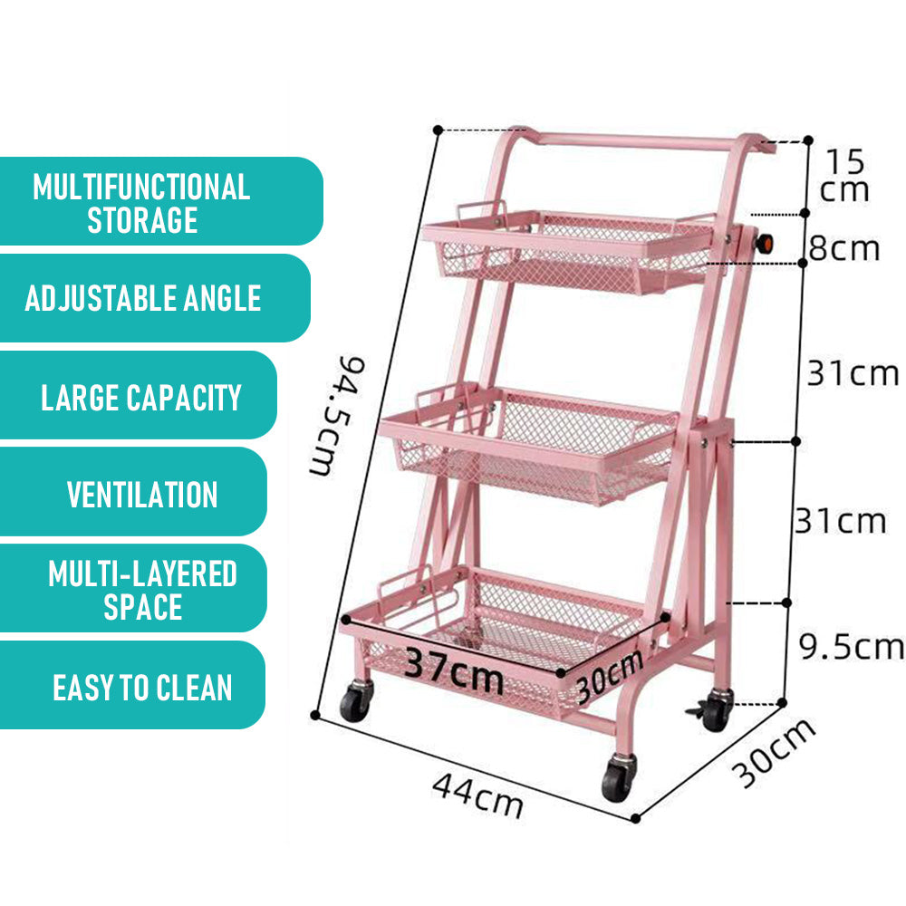 3 Tier Trolley Cart Foldable Home Storage Rack with Brake Wheels|Removable Spice Rack Kitchen Organizer with Handle Pantry Organizer Mesh Shelf. Kids' Room Coffee Bar Bedroom Accessories