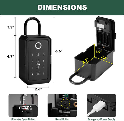 Waterproof Smart key lock box 4-in-1 Key Lock Box with APP Control, Fingerprint Recognize & Multiple Code Types, Outside Wall Mounted & Door Hanging, Key Lockbox for House Key