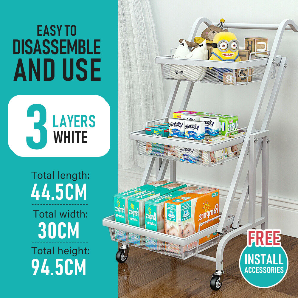 3 Tier Trolley Cart Foldable Home Storage Rack with Brake Wheels|Removable Spice Rack Kitchen Organizer with Handle Pantry Organizer Mesh Shelf. Kids' Room Coffee Bar Bedroom Accessories