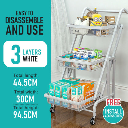 3 Tier Trolley Cart Foldable Home Storage Rack with Brake Wheels|Removable Spice Rack Kitchen Organizer with Handle Pantry Organizer Mesh Shelf. Kids' Room Coffee Bar Bedroom Accessories