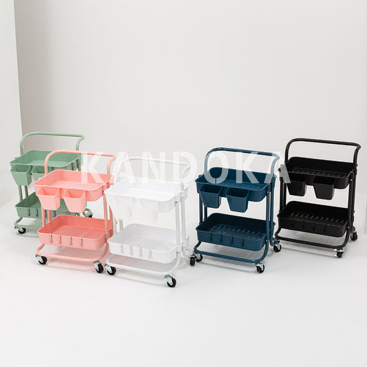 2 Tier Rolling Cart Organizer-Kitchen Utility Carts With Wheels-Kitchen Storage Cart On Wheels-Spice Rack Organizer With Handle & Hooks & Cups-Multifunctional Trolley Pantry Organizer Shelf-Office