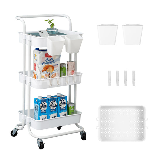 3 Tier Rolling Cart Organizer Kitchen Utility Cart with Wheels Kitchen Storage Cart On Wheels Spice Rack Organizer with Handle & Hooks & Cups Trolley Pantry Organizer Shelf Bathroom Accessories