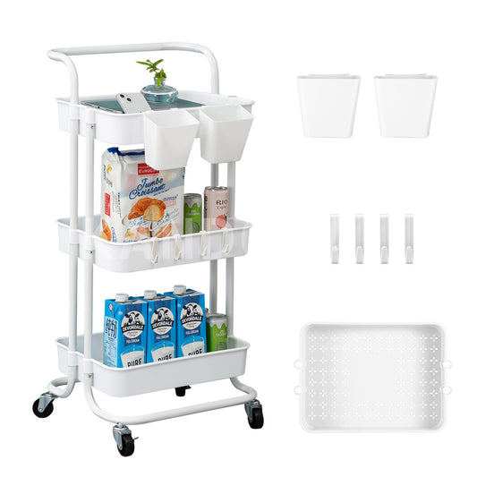 2/3/4 Tier Rolling Cart Organizer-Kitchen Utility Carts With Wheels 2Cups 4Hooks
