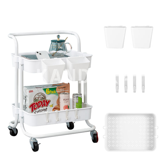 2 Tier Rolling Cart Organizer-Kitchen Utility Carts With Wheels-Kitchen Storage Cart On Wheels-Spice Rack Organizer With Handle & Hooks & Cups-Multifunctional Trolley Pantry Organizer Shelf-Office