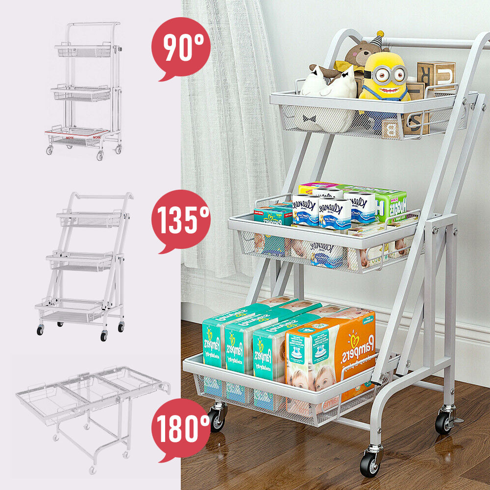 3 Tier Trolley Cart Foldable Home Storage Rack with Brake Wheels|Removable Spice Rack Kitchen Organizer with Handle Pantry Organizer Mesh Shelf. Kids' Room Coffee Bar Bedroom Accessories