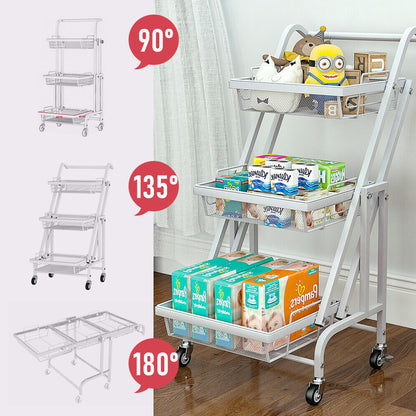 3 Tier Trolley Cart Foldable Home Storage Rack with Brake Wheels|Removable Spice Rack Kitchen Organizer with Handle Pantry Organizer Mesh Shelf. Kids' Room Coffee Bar Bedroom Accessories