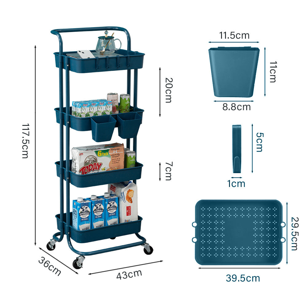 2/3/4 Tier Rolling Cart Organizer-Kitchen Utility Carts With Wheels 2Cups 4Hooks